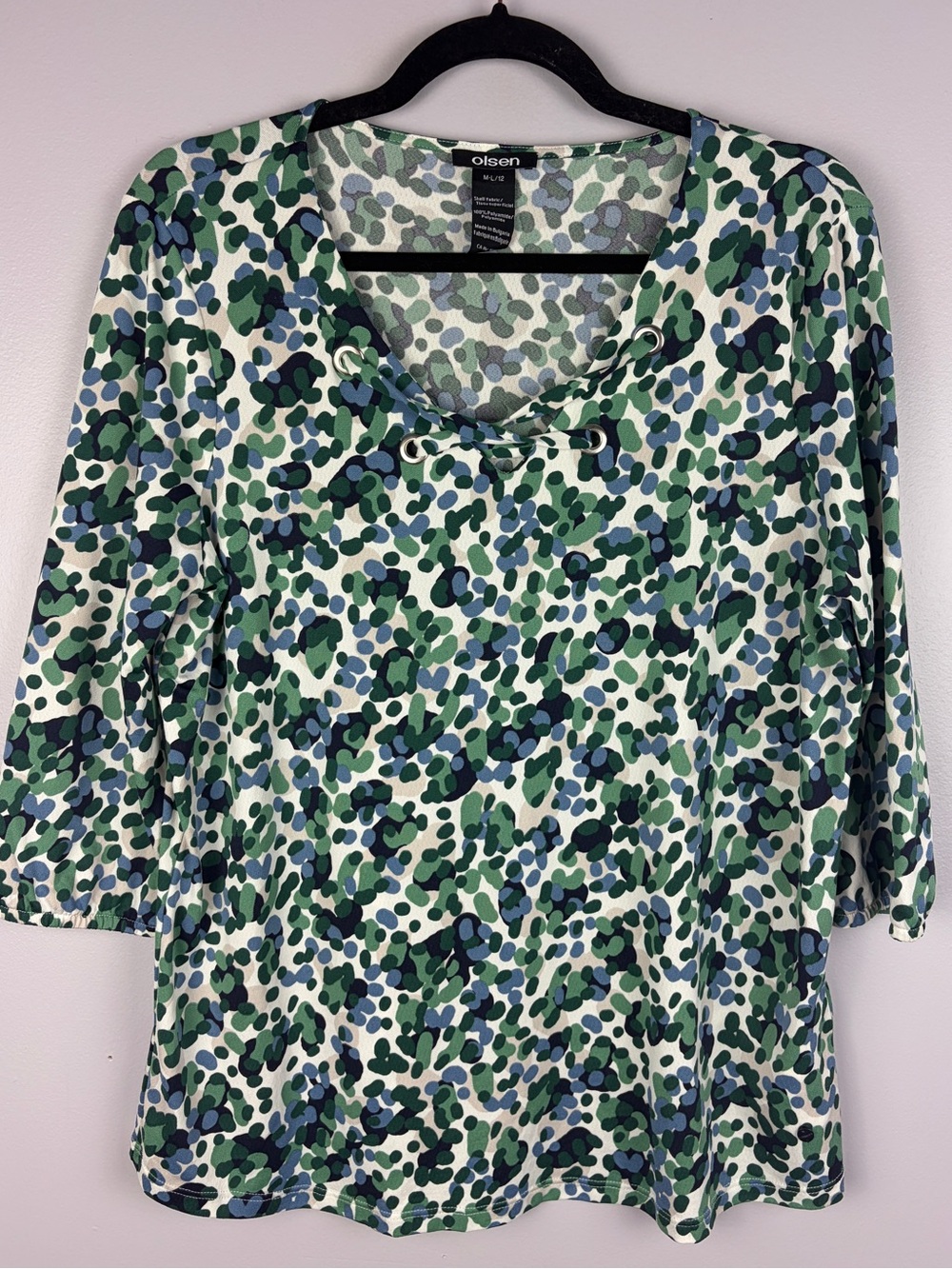 Olsen Size 12 Green Blue Abstract Lace Up Grommet Top